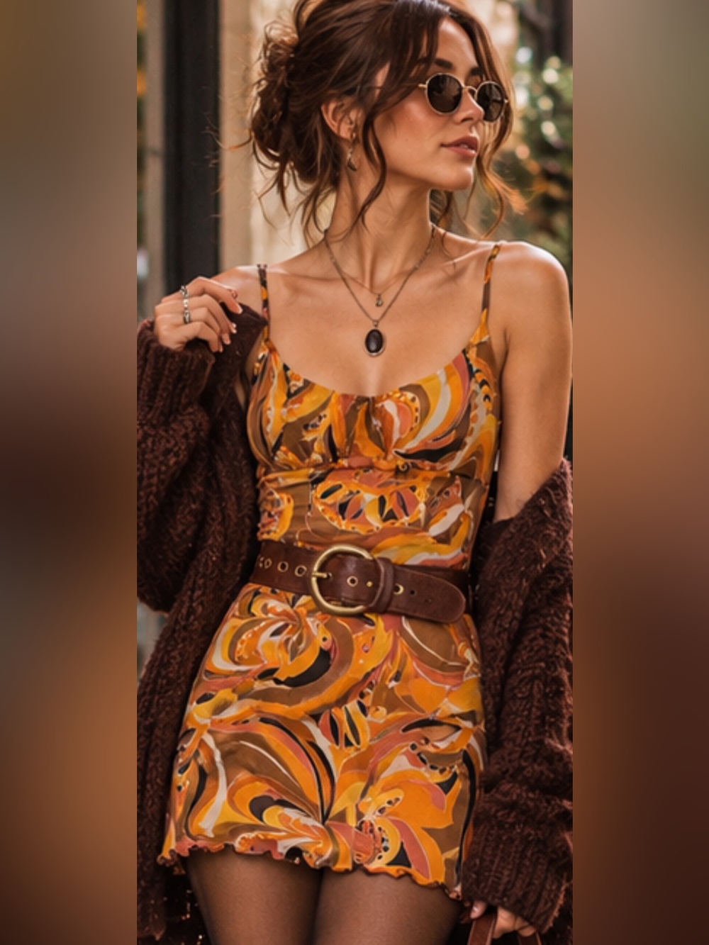 Vintage Bohemian Swirl Print Spaghetti Strap Mini Dress - Orange 🍂🤎